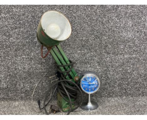 Vintage Coral (2 jewels) chrome pedestal mechanical alarm clock together with a metal E.D.L angle poise lamp
