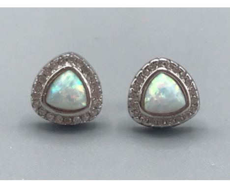 A pair of silver cz and opal panelled stud earrings 2.8g gross