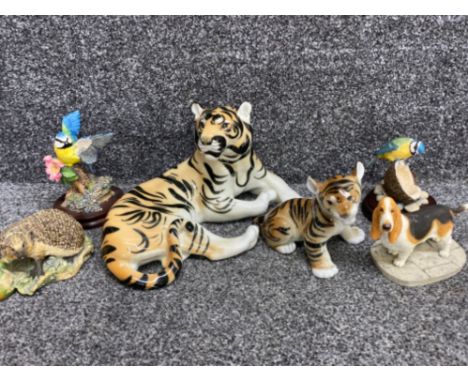 Large ceramic USSR tiger &amp; cub ornaments plus 4 other animals - border fine arts hedgehog, 2x birds &amp; dog
