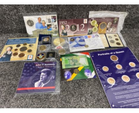 Selection of miscellaneous collectors coins including 24k gold plated coins, 1935 silver six pence, Nelson Mandela “father of