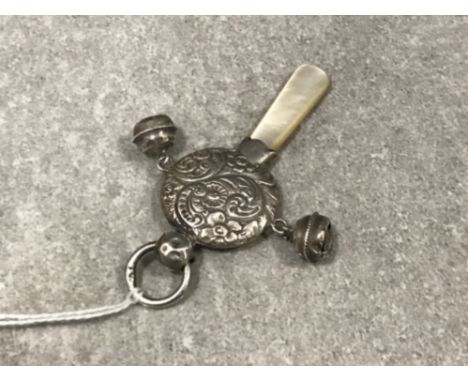 Silver teething rattle with mother of pearl handle and 2 bells wadams Chester 1916 9.5grams