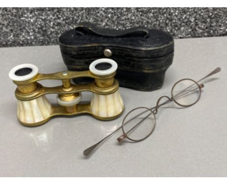 Pair of vintage mother of Pearl &amp; brass opera glasses together with metal Framed spectacles, includes vintage case
