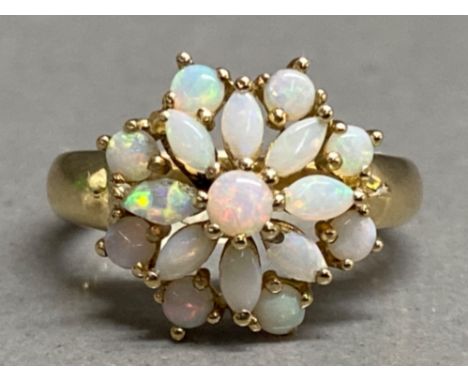 9ct gold 17 stone Opal cluster ring - size L1/2, 2.7g gross