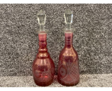 2x superb vintage etched Ruby glass decanters with stoppers