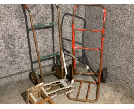 2x vintage metal sack barrows together with 2x ladder fittings (racks)