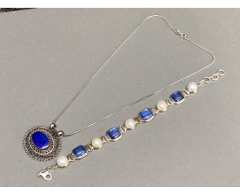 Silver blue stone &amp; Pearl bracelet together with a silver &amp; Lapis Lazuli pendant necklace, 38.5G gross, both boxed