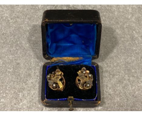 Antique 9ct gold bird pattern &amp; Pearl set earrings with original box one of the backs is slightly damaged
