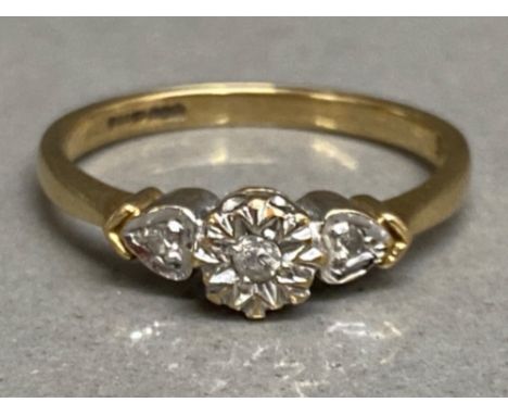 9ct yellow gold &amp; 3 stone diamond ring, size L, 1.8g gross