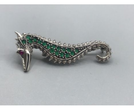 Silver and plique a jour sea horse pendant or brooch with ruby eye 6g gross