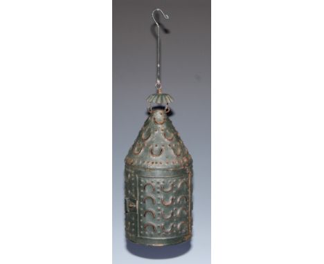 Folk Art - a punched tin lantern, 23cm high 