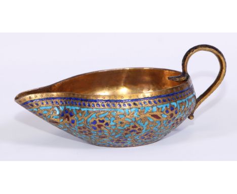 A Kashmiri champleve enamel and gilt lamp, cobra handle, 14cm long, 19th century 