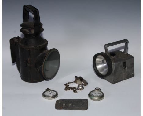 Railwayana - a British Rail lantern, another, later; an LNER plate; two LNER pocket watches, 2892 and 8942; an LNER ACME Thun