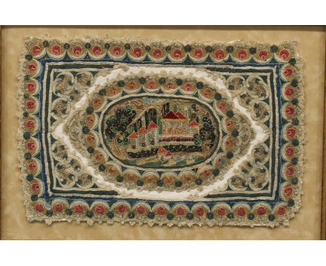 A Middle Eastern/Caucasian textile panel, possibly Uzbek, centred by an architectural vignette, 39cm x 59cm, framed, 64cm x 8