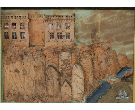 A 19th century cork architectural diorama, 30cm x 38cm, mahogany frame 
