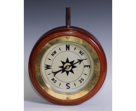 Meteorology - an early 20th century walnut wind direction indicator, 19cm register marked with points of the compass, 29cm di