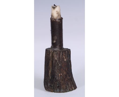 A primitive socket candlestick, of rush light type construction, sheet steel sconce, rustic base, 17cm high 