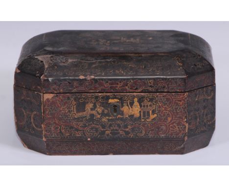 A Chinese export  lacquer canted rectangular tea caddy, hinged cover enclosing a pair of paktong canisters, 25cm wide, c.1840