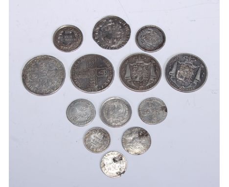 Coins - A Charles I shilling, tower mint, type 3a; a Charles II four pence, 1683; a William III half crown, 1700, first DR bu