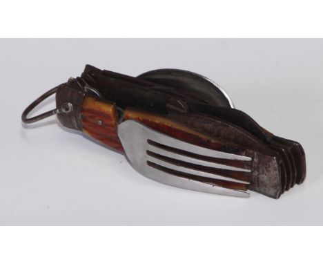 An early 20th century campaign type travelling multi-tool pocket knife, various blades and utensils, including knives, fork, 