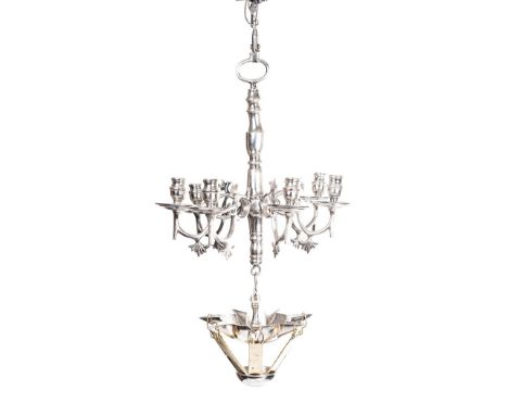 A 19TH CENTURY DUTCH SILVER PLATED JUDANSTERN SHABBAT HANGING LAMP, CIRCA 1860 the central knopped column fitted with seven d