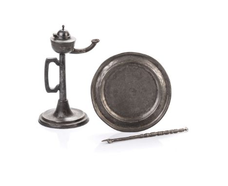 A 19TH CENTURY PEWTER TORAH POINTER of typical form, 24,5cm long; A 19th Century Pewter Fish Plate, touchmarks rubbed, the ce