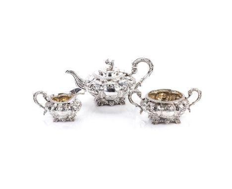 A GEORGE IV SILVER THREE-PIECE TEA SERVICE, CHARLES GORDON, LONDON, 1829 comprising: a teapot, two-handled sugar basin and mi