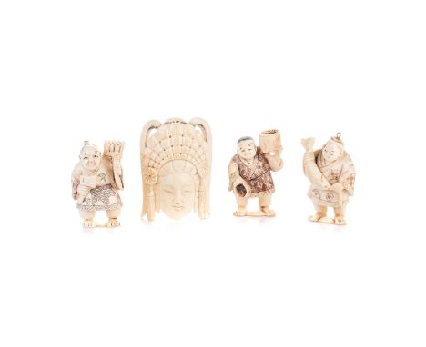 A GROUP OF THREE JAPANESE CARVED IVORY NETSUKE NOT SUITABLE FOR EXPORTcomprising: a fisherman, a man holding an axe and a man