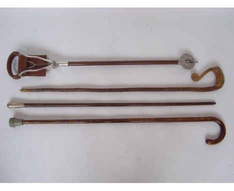 An early 20th Century silver topped rosewood walking cane, grip terminal with hammered finish, a shooting stick and two other