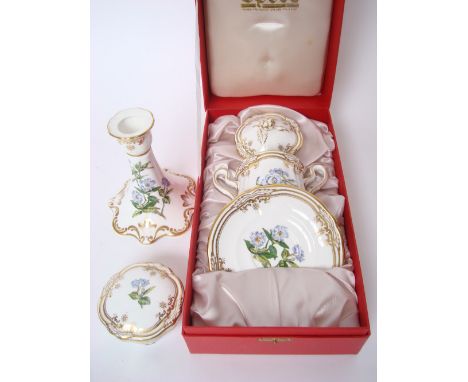 Spode Stafford Flowers twin handled chocolate cup, cover and saucer, decorated with Thunberia, Syringa and Dipteracanthus, 12