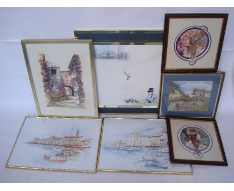 Two watercolour and pen views of St Tropez, one signed Derocco, a pair of wool tapestries of art nouveau style maidens, a gou
