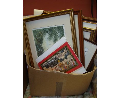 A mixed lot of pictures and prints to include an Indian miniature painting on silk of a procession with an elephant carrying 