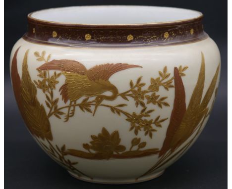 A 20th century porcelain gilded oriental planter decorated with cranes, lotus flowers and leaves, signed and numbered to the 