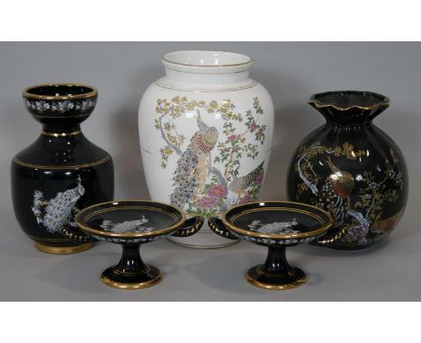 A collection of Greek ceramic pieces with 24 carat gold detailing, decorated with peacocks. Makers stamps to the bases of eac