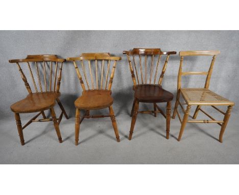 Three elm stick back kitchen chairs and a 19th century beech bedroom chair. H.82cm 