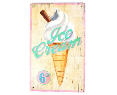 A contemporary vintage style wall art point of sale shop advertising type sign for ice cream with price to bottom ' 6D ', all