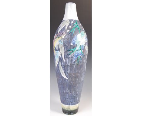 Marian Zawadzki - Tilgman Keramik - A 1960's Swedish retro vintage studio art pottery lamp base depicting fish designed in a 