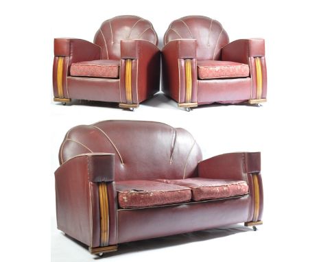 An original early 20th century art deco antique sofa suite comprising of a two seat sofa settee with two armchairs. The suite