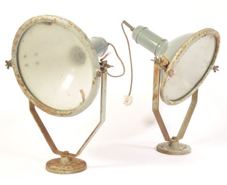 Falks Ltd - A pair of large 1950's industrial&nbsp;two tone enamel spot light / search light / up lighters with glass fronts 