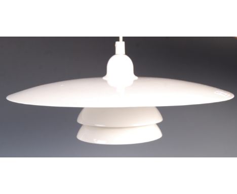 A 20th century Danish retro vintage white porcelain enamel ceiling lamp / light pendant fixture comprising of a large dished 