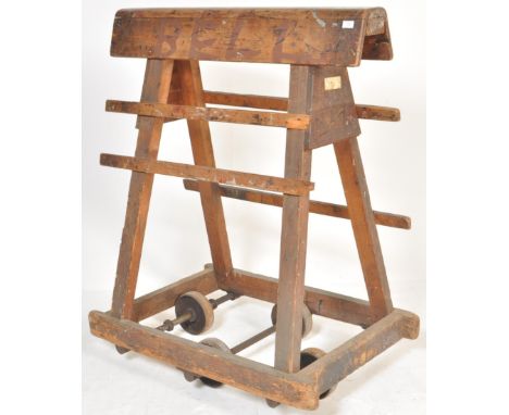 An antique vintage industrial oak framed wooden mill trolley removed from a leather factory in Hampshire. Originally used to 