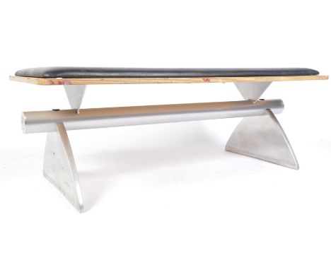 Zoeftig - Zenky - A late 20th century retro vintage ply wood and steel airport terminal seating bench. The bench having a hea