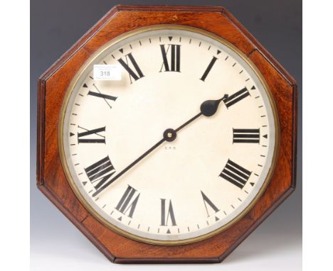 G.P.O - A 1940's antique vintage postal post office wall clock set within an octagonal mahogany case with a brass framed wind
