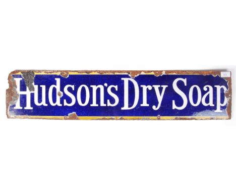 Hudson's Dry Soap - An antique vintage point of sale advertising porcelain enamel sign. The sign having a royal blue ground, 