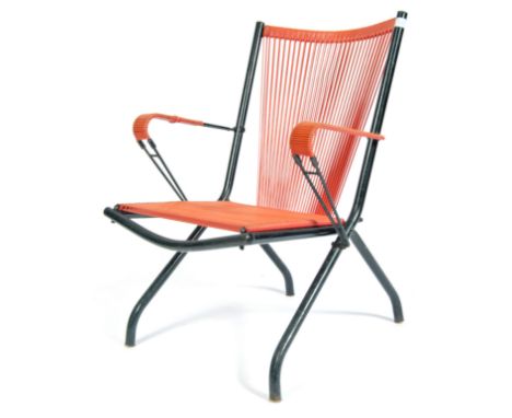 A 1960's French retro vintage sputnik atomic wire folding lounge / deck chair / armchair comprising of an ebonised tubular fr