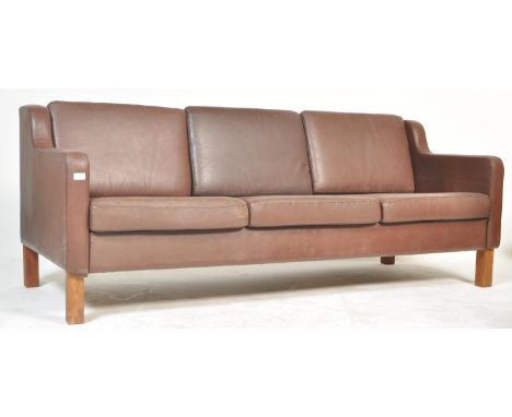 An original retro vintage 1970's Danish made London type Borge Mogensen three-seater sofa settee. Chocolate brown leather uph