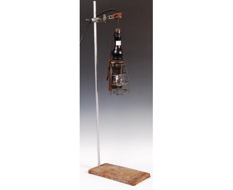 A 20th century retro vintage industrial inspection lamp on stand comprising of a large scientific test tube holder and clamp 