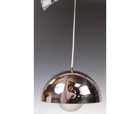 After Verner Panton - Flowerpot - A contemporary chromed ceiling lamp / light pendant fixture comprising of a large domed for