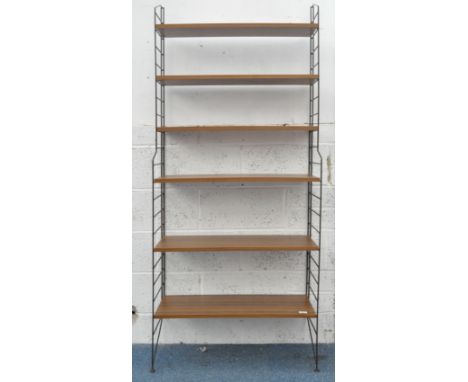 Nisse Strinning - A 20th century Swedish retro vintage string shelving wall unit comprising two wall supported black plastic 