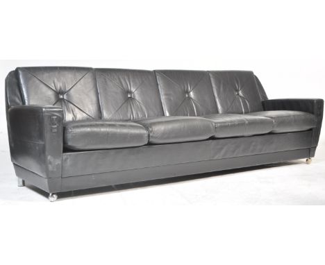 A retro vintage 1960's / 70's black four-seater sofa / settee. Black leather upholstery, button back cushions and squared arm