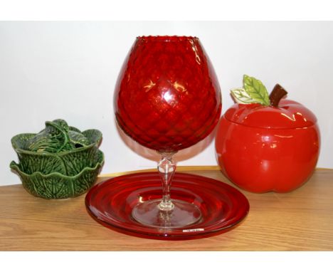 Two 1970's ruby glass items, a ceramic ice bucket and leaf dish.